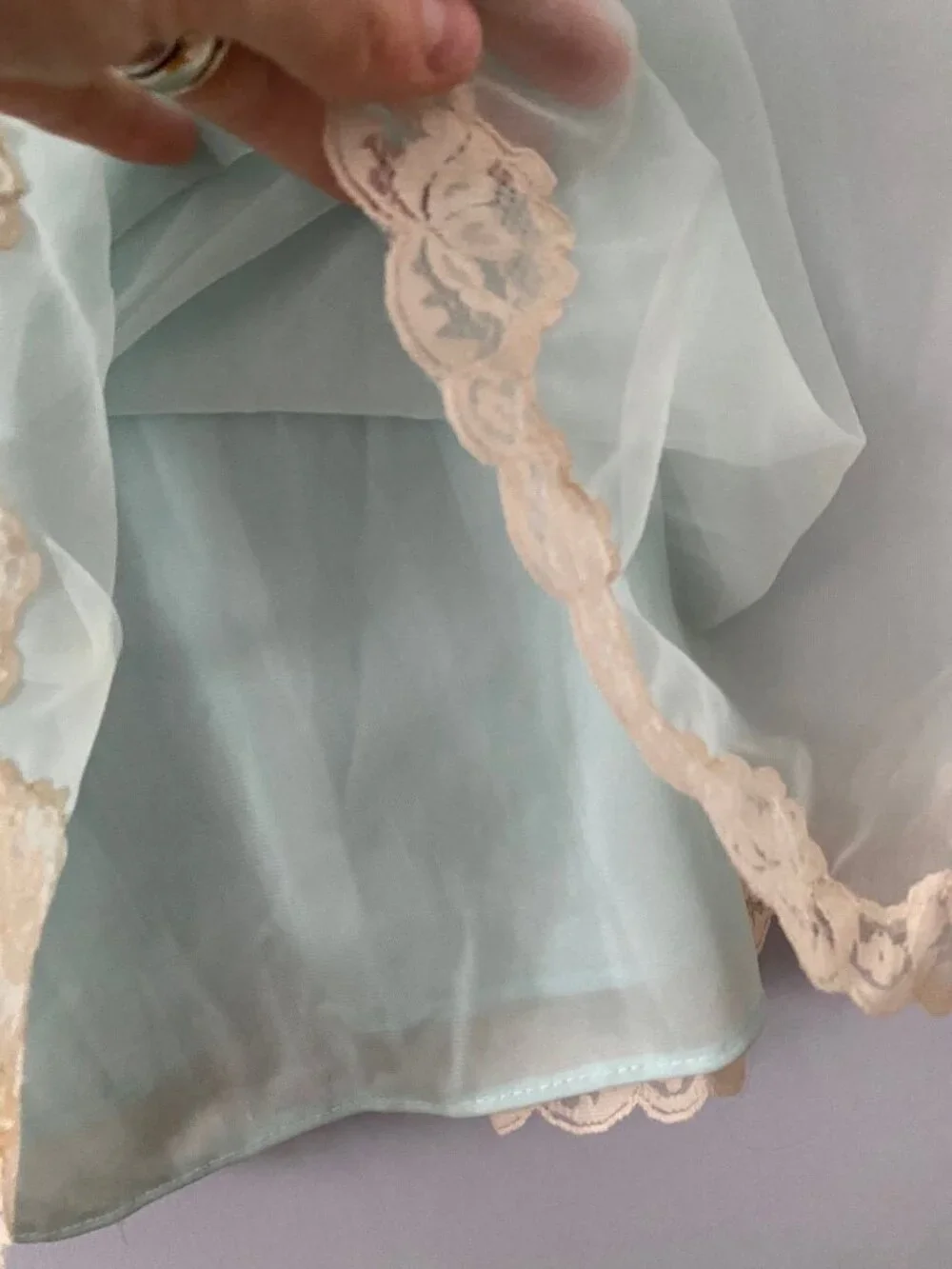 Vintage Evette Nightgown, Pale Aqua with Lace Trim, Size Small, Made in USA